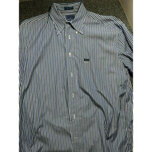 Faconnable Blue & White Striped Short-Sleeve Button-Up Shirt L Made In USA 100%